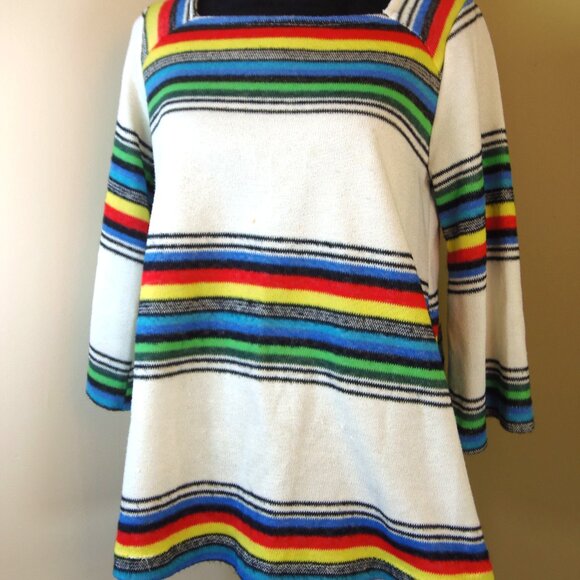 Vintage Union Made Sears Sz Med Rainbow Striped Square Neck Tunic - Picture 1 of 9